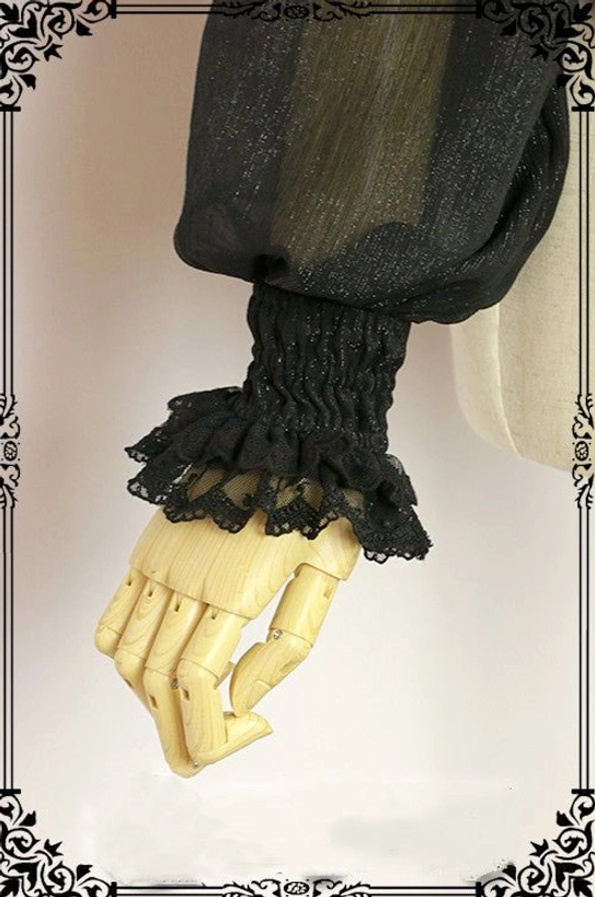 Lace collar trim and elastic cuff details of gothic lolita Halloween blouse showing premium construction, lace weave pattern, finished edges, and attachment quality