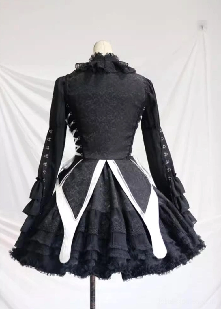 Close-up of gothic lolita lace ruffle neckline trim showing layered lace construction, delicate detail work, refined edge finish, and intricate pattern definition on blouse neck