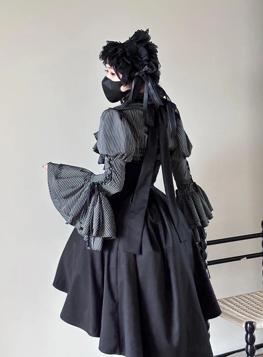 Neckline detail of Gothic Lolita blouse featuring dramatic multi-layered ruffled stand-up collar and alternative necktie attachment system with button closures