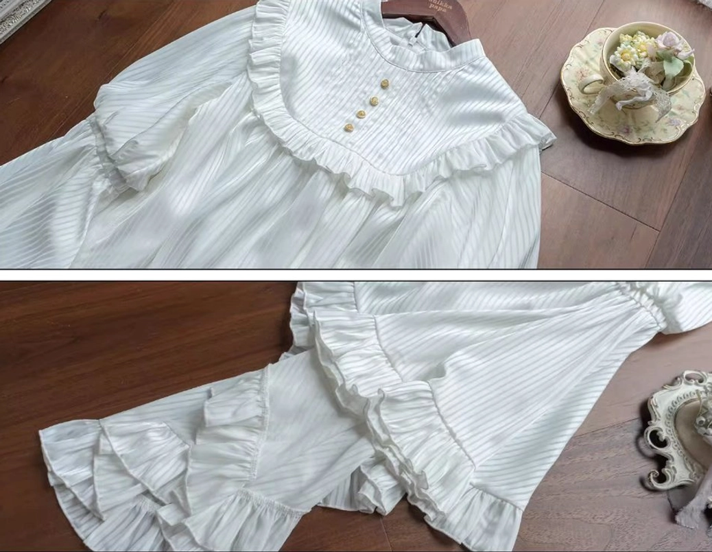 Gothic lolita striped blouse pre-order information and sizing chart for selecting correct small or large princess sleeve fit