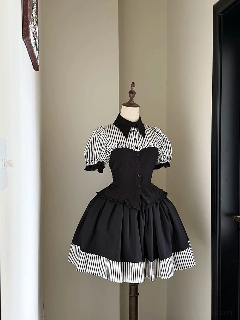 Gothic lolita striped patchwork blouse paired with short black skirt left side flat view featuring coordinated collar and hem striping