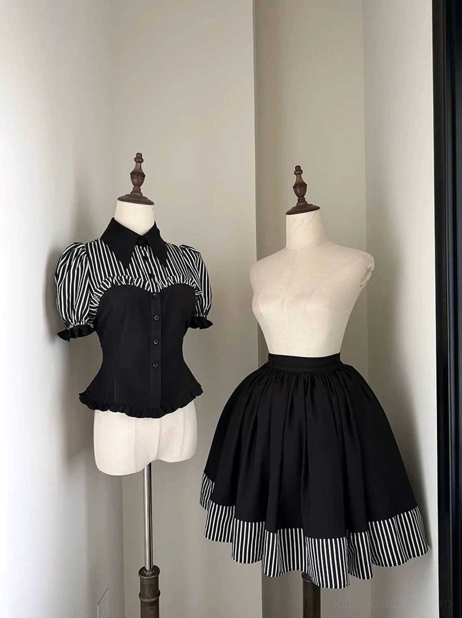 Gothic lolita blouse and high-waisted black skirt two-piece set side view on separate mannequins showing striped hem trim coordination