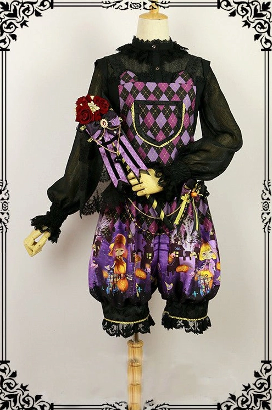 Gothic lolita blouse styling guide showing multiple coordination options including black skirts, opaque tights, platform shoes, accessories for authentic kuro lolita fashion