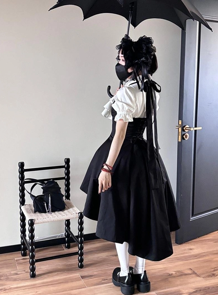 Gothic Lolita short-sleeve blouse styled with coordinate pieces showing how to layer with JSK and bloomers for complete outfit