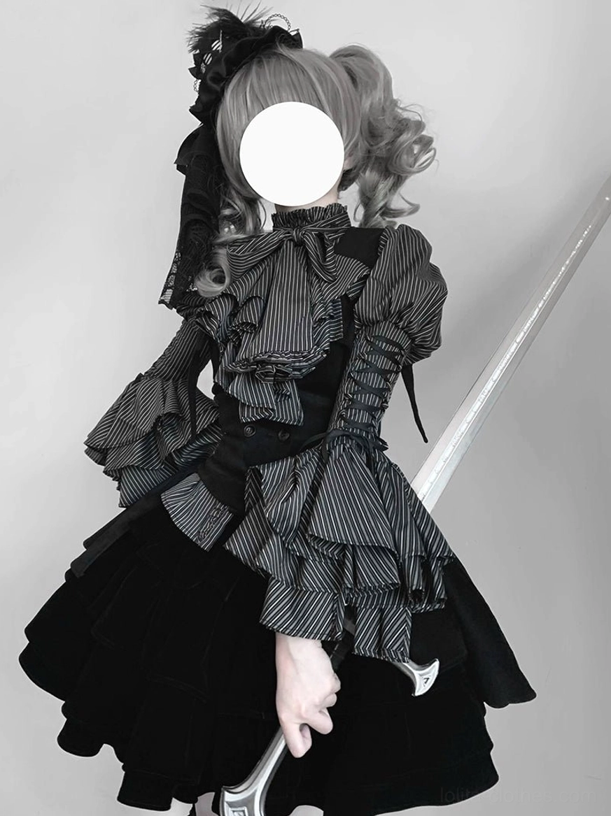 White base with black stripes Gothic Lolita blouse color variation showing classic striped pattern and color contrast option for Lolita styling versatility