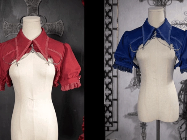 Two matching gothic lolita boleros side by side wine red and royal blue with chain lace details