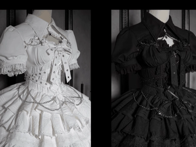 Gothic lolita bolero shrug detail shot showing ruffled lace cuffs pointed collar construction and fit
