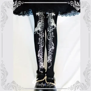 Full length front view of gothic lolita skeleton rose print tights on model wearing black lace skirt and Mary Jane heels with symmetrical silver bone rose vine embroidery design