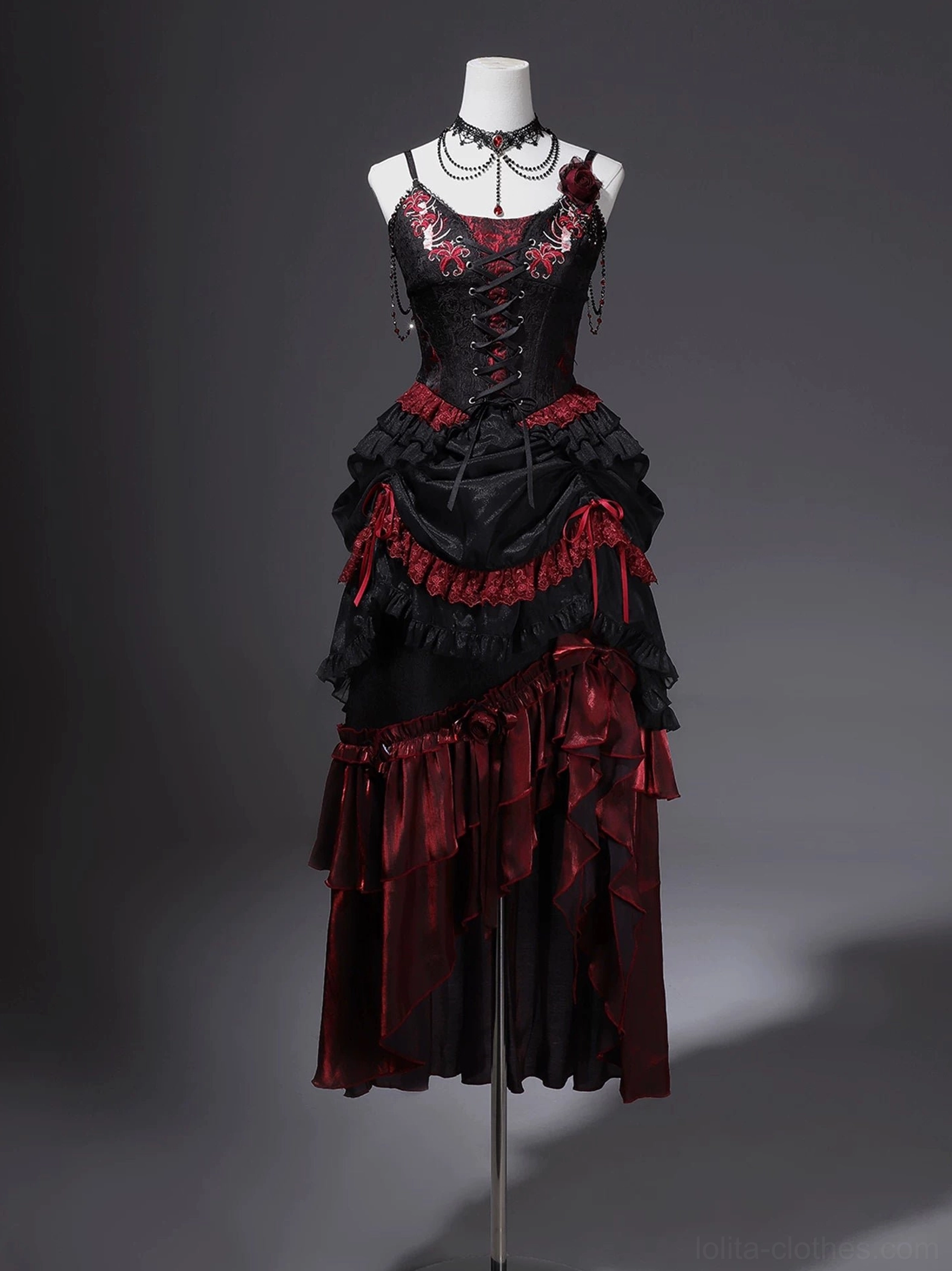 Bone Rot Bloom gothic lolita two-piece dress set front display form black wine red asymmetrical skirt