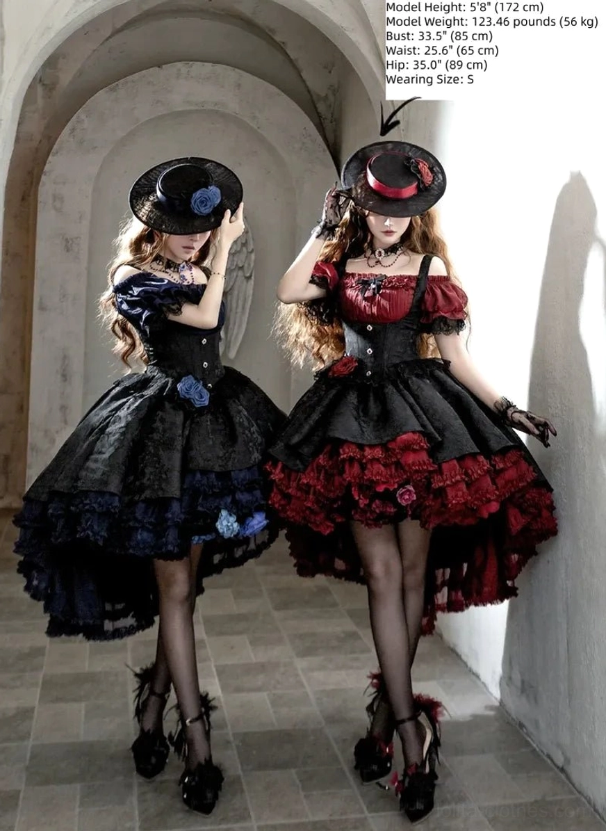 Gothic Lolita boned JSK dress complete ensemble styling with coordinating accessories, formal hat, choker and high-platform heels for ballroom occasions