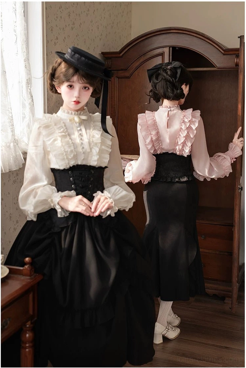 Gothic Lolita two-piece boned corset skirt front and back full-body view with black mermaid skirt and coordinating blouses vintage wardrobe