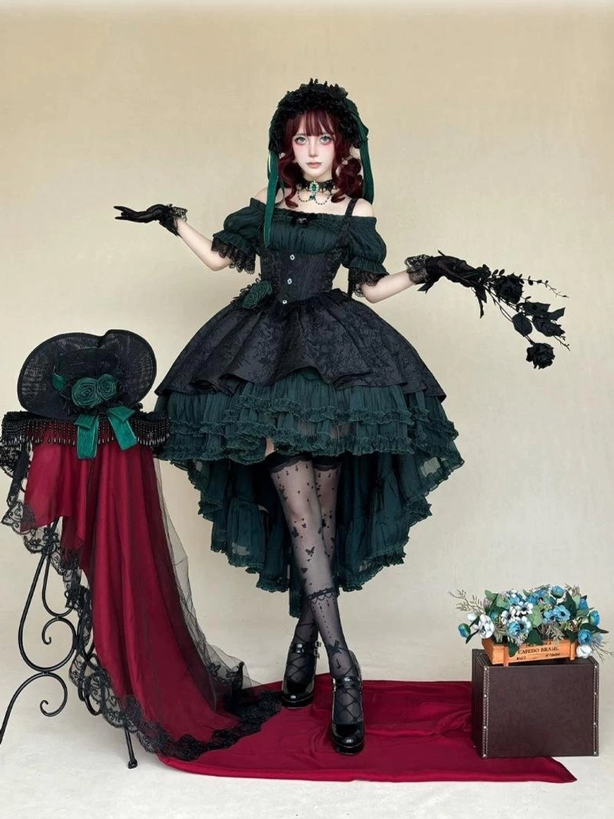 Green and black Gothic Lolita boned JSK dress variant showing high-low ruffled hemline and color coordination with inner top options in various sizes