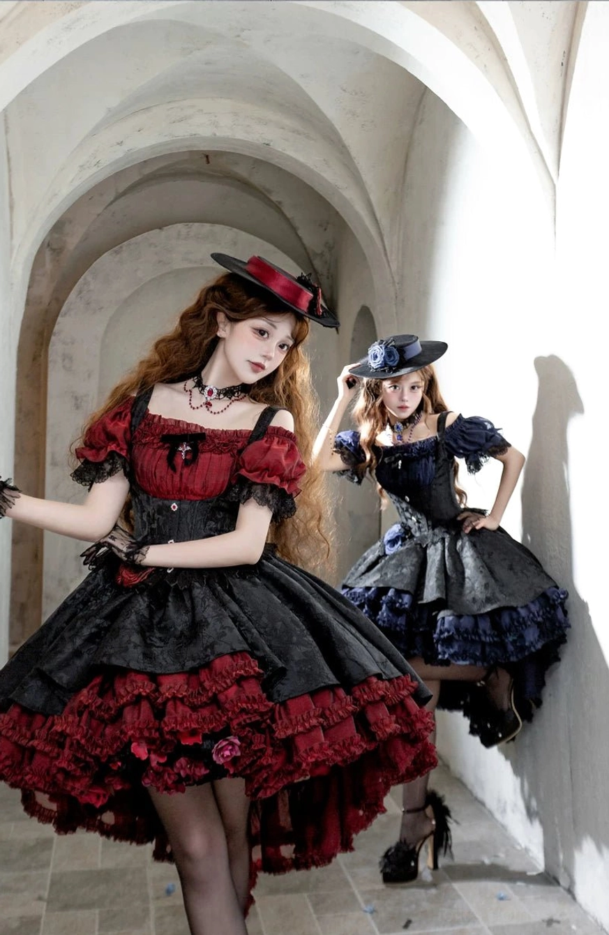 Gothic Lolita JSK dress high-low ruffled hem detail showing contrasting layers and asymmetrical hemline construction from front and back perspective