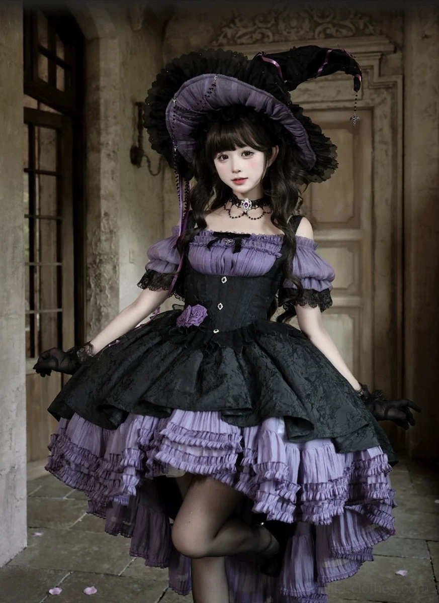 Purple-black Gothic Lolita boned JSK dress with off-shoulder purple puff sleeves, boned corset bodice, witch hat and high-low ruffled skirt front view