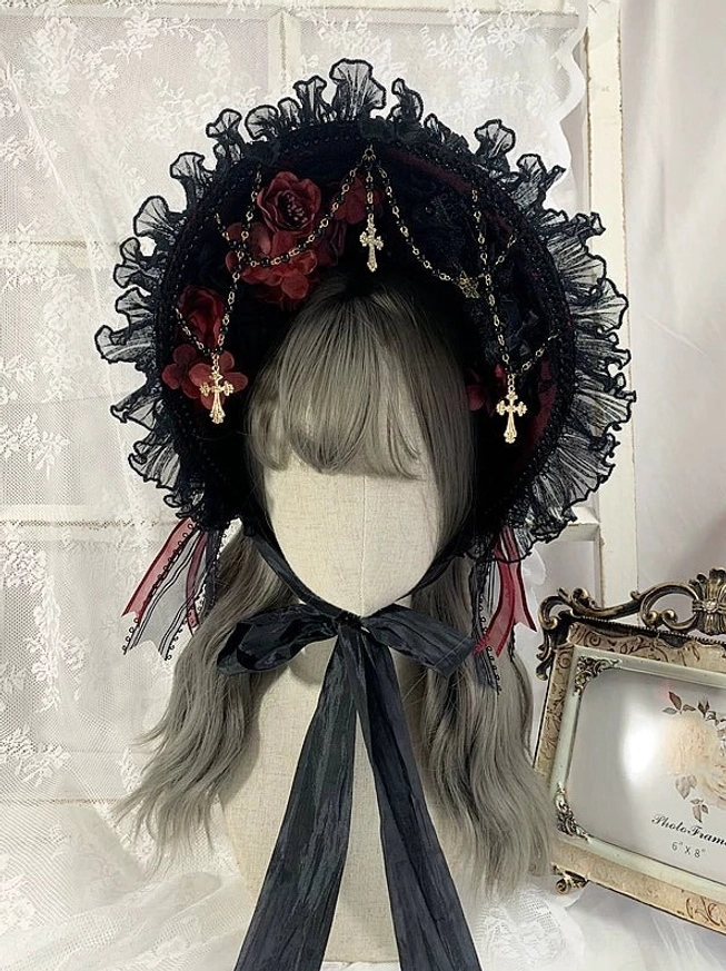Gothic lolita bonnet black lace trim burgundy silk roses gold cross chains black ribbon vintage photo frame backdrop