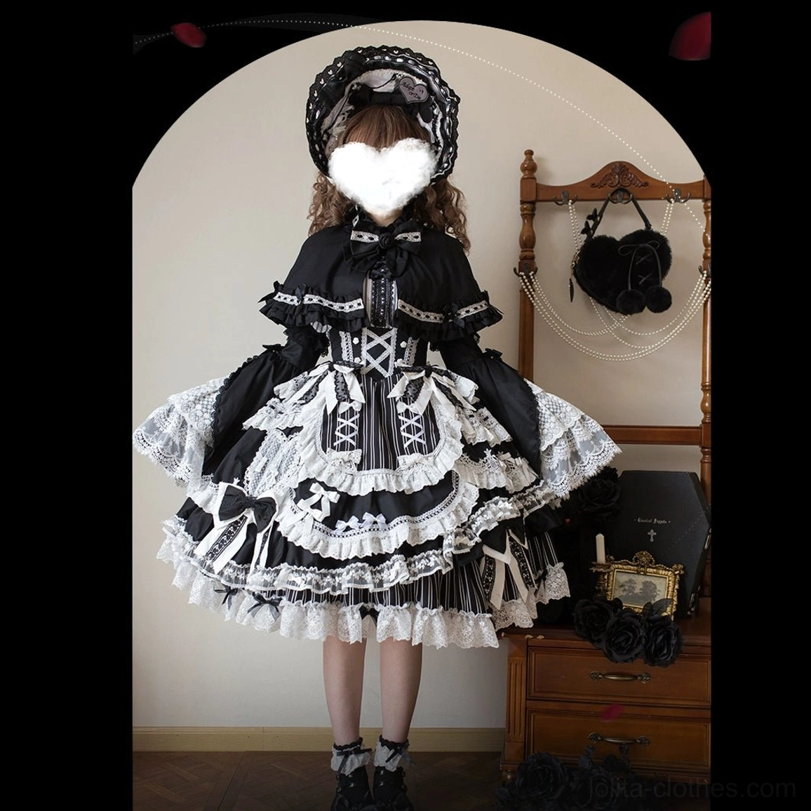 Black and white vintage gothic lolita headpiece bonnet cape set front full body elegant design