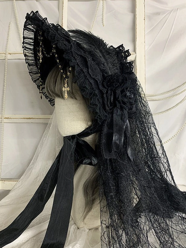 Gothic Lolita bonnet headdress with double-layer black sheer veil rear left angle, ruffled lace bonnet, cross pendant chain, side-fastening ribbons