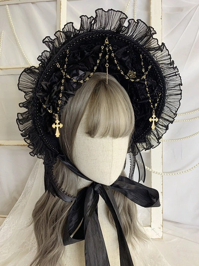 Gothic Lolita bonnet headdress right front side profile showing elegant bonnet shape, gold cross hanging chains, and black satin bow ties