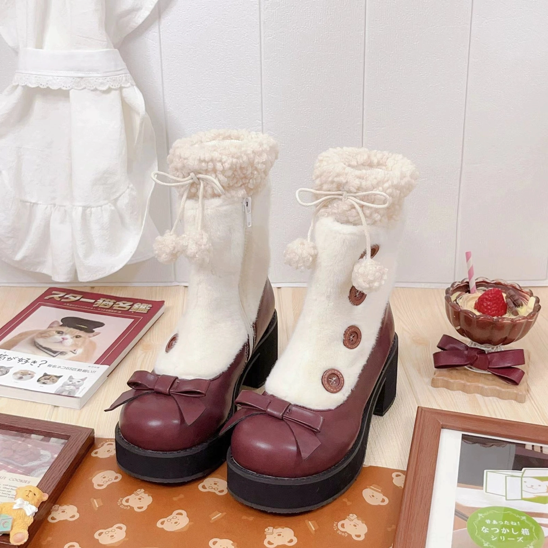 Gothic lolita boots styling with burgundy faux fur cuff button embellishments paired with black dress stockings aesthetic