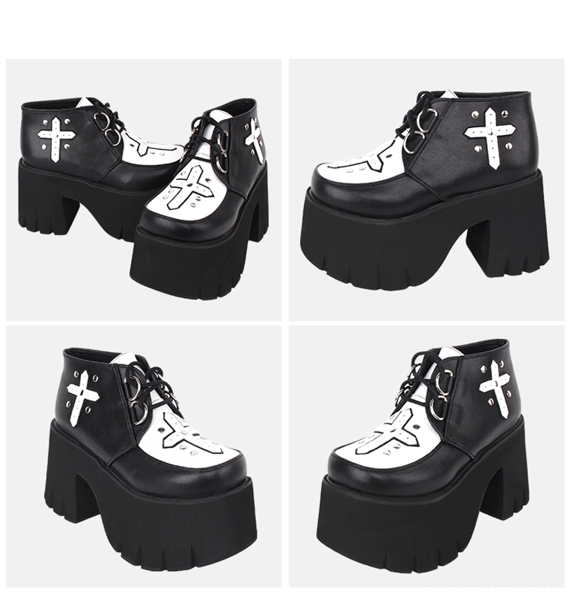Mini product view set of gothic lolita cross platform boots multiple shooting angles pair front single left front single right front side view consistent cross platform design