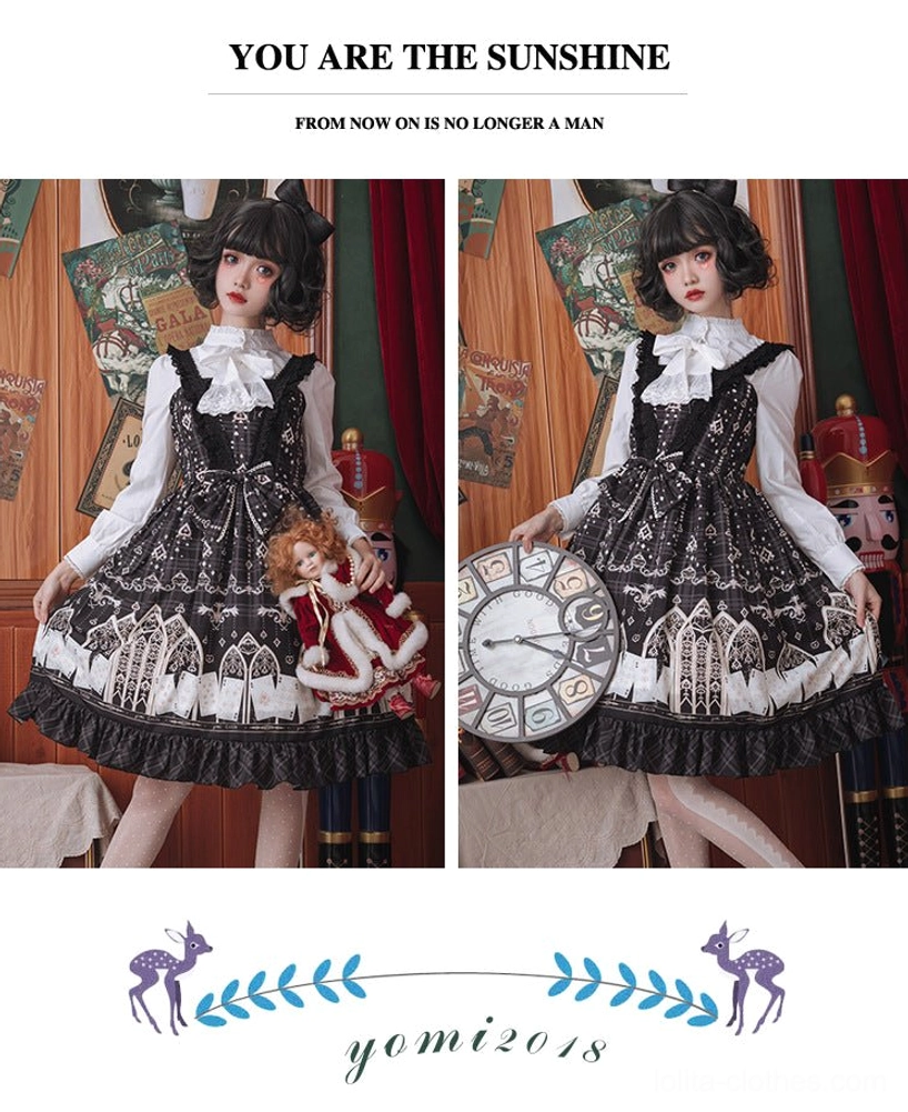 Brand showcase featuring two full body model shots in gothic Lolita coordinates with white stand collar puff sleeve blouse and black jumper skirt vintage studio aesthetic