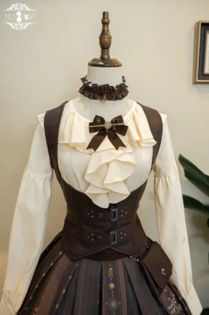 Steampunk gothic lolita brown PU leather vest with dual buckle front detail and adjustable back straps - main product view