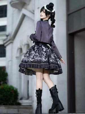 Gothic Lolita bunny print skirt back view model double ponytail with top hat black platform boots ruffled hem jacquard print european building facade