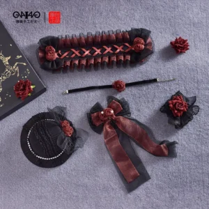 Complete Gothic Lolita headdress accessory set featuring burgundy and black coordination with hair band, bonnet, hand cuffs, choker, and decorative bows displayed on grey fabric background