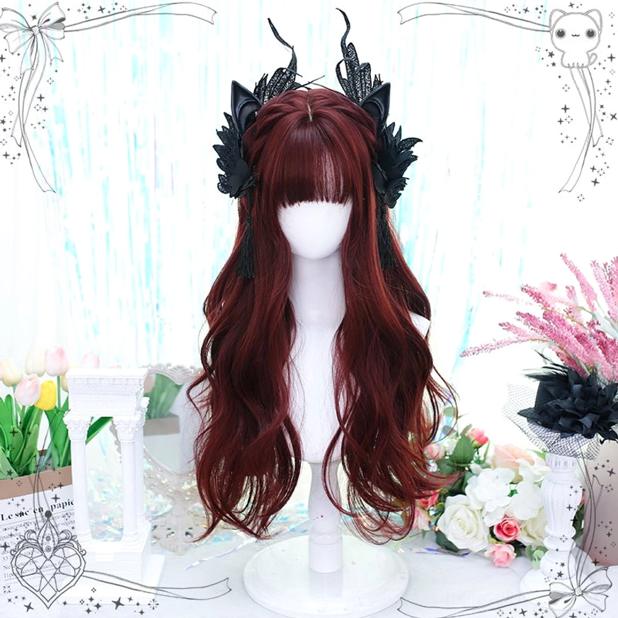 Gothic Lolita burgundy long curly wig with blunt bangs displayed on mannequin head with black feather hair accessories and floral backdrop