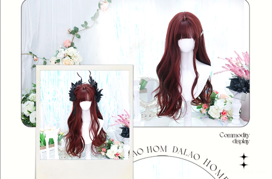 Branded commodity display collage of burgundy Gothic Lolita wig with polaroid shots and full frontal view against dreamy tassel curtain backdrop