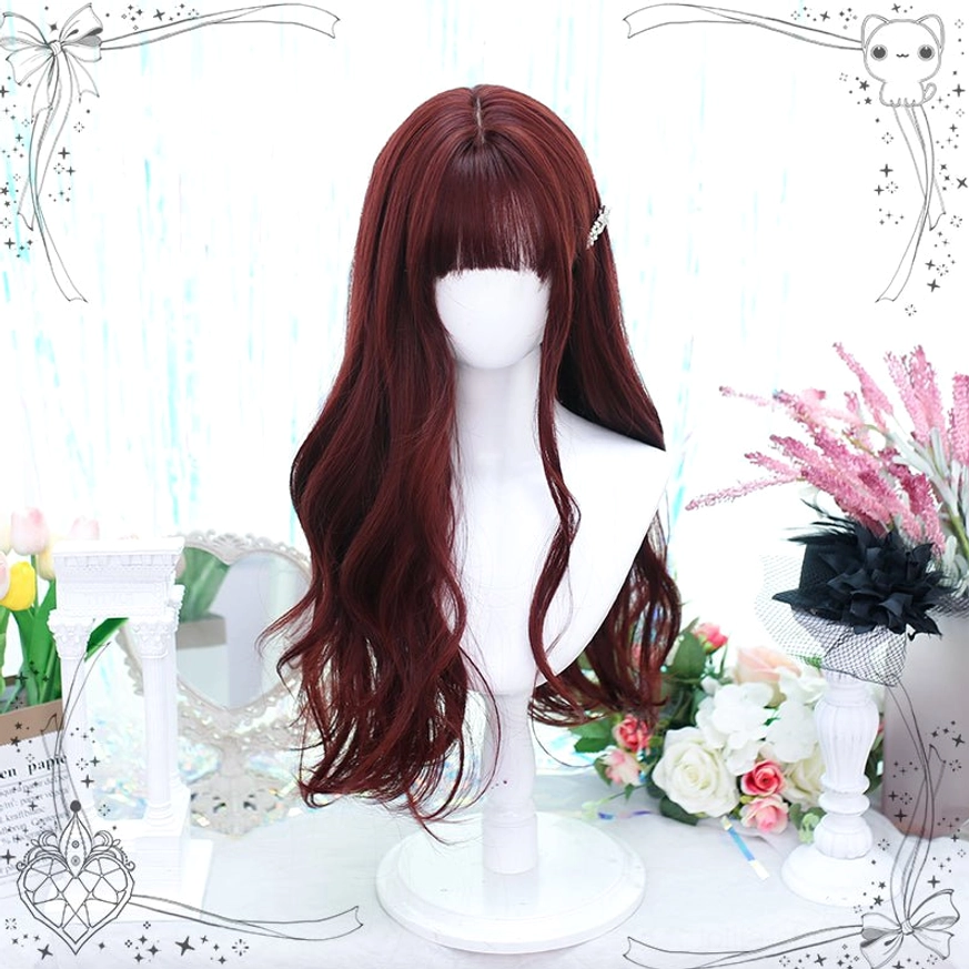 Three-quarter left view of burgundy Gothic Lolita wig with blunt bangs and silver hair clip on mannequin with pink white flowers