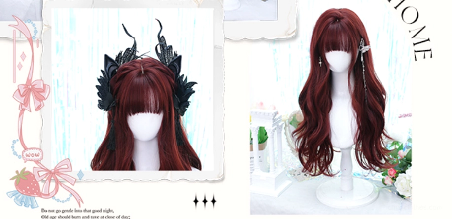 Vintage postcard style collage of burgundy Gothic Lolita wig with close-up and full shot featuring gothic hair accessories and floral decorations