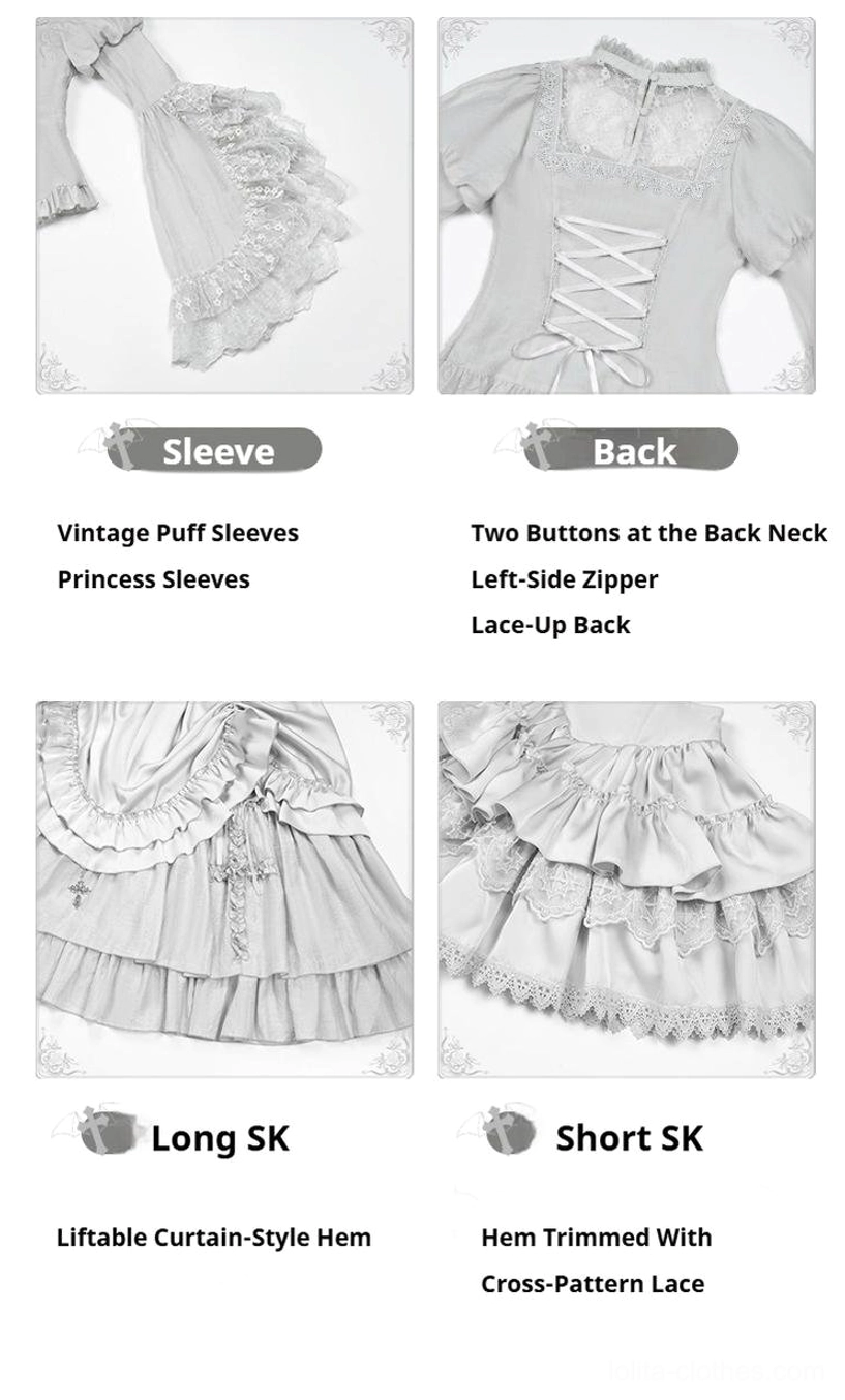 Gothic lolita bustier embroidery detail close-up showing teardrop pendants swan candlestick motifs hand-placed decorative elements
