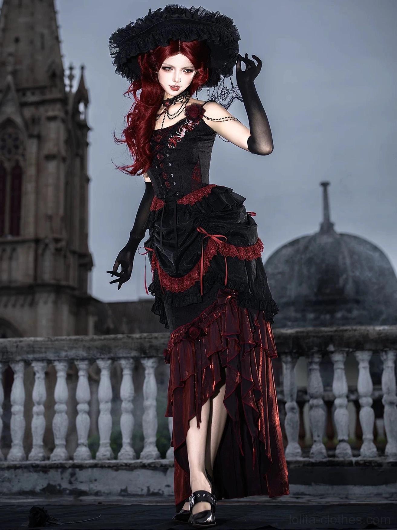 Gothic lolita embroidered camisole top detail back shirring corset construction black jacquard fabric