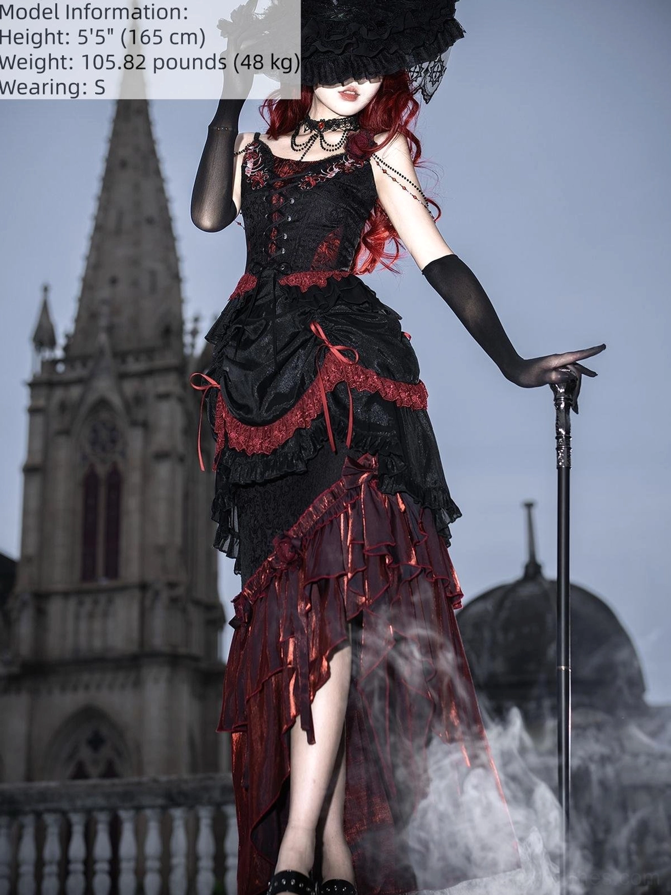 Gothic lolita camisole embroidered details front lace-up corset wine red trim rose ornament close-up