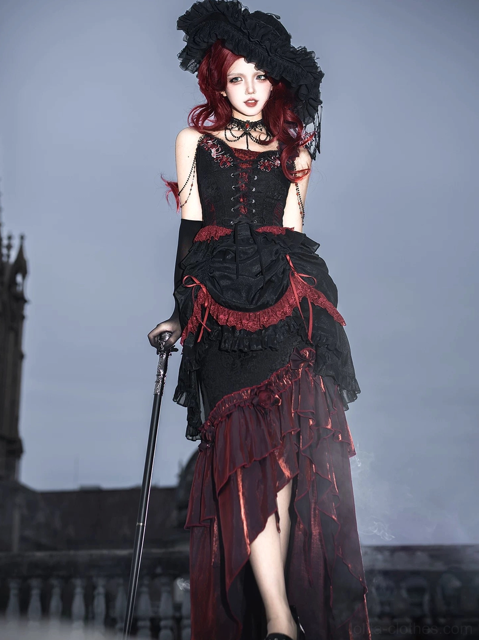 Gothic lolita camisole dangling tassel shoulder accents removable rose ornament front view decoration