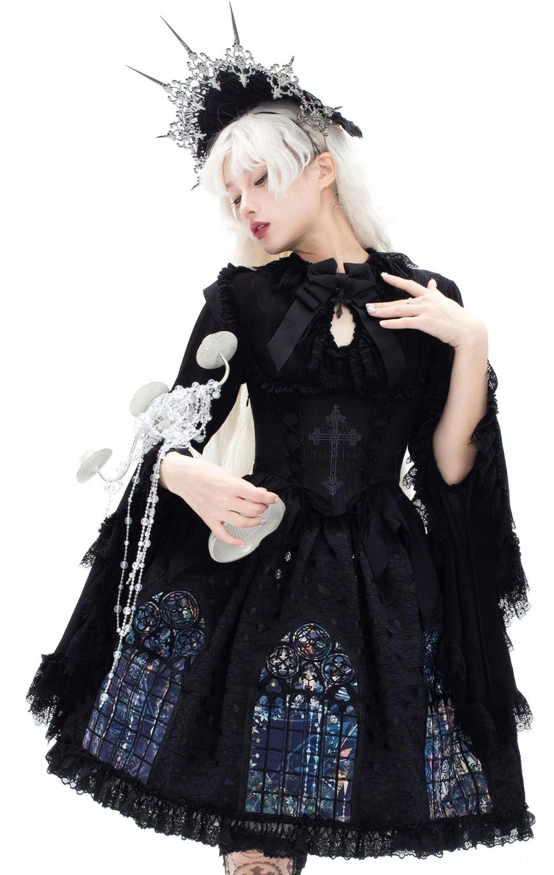Gothic lolita cape dress outfit detachable capelet crown hair ornament stained glass skirt print lace trims single model white background three-quarter view