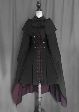 Gothic Lolita cape dress set with detachable cape bow collar front lace-up corset details dark purple lining on dress form