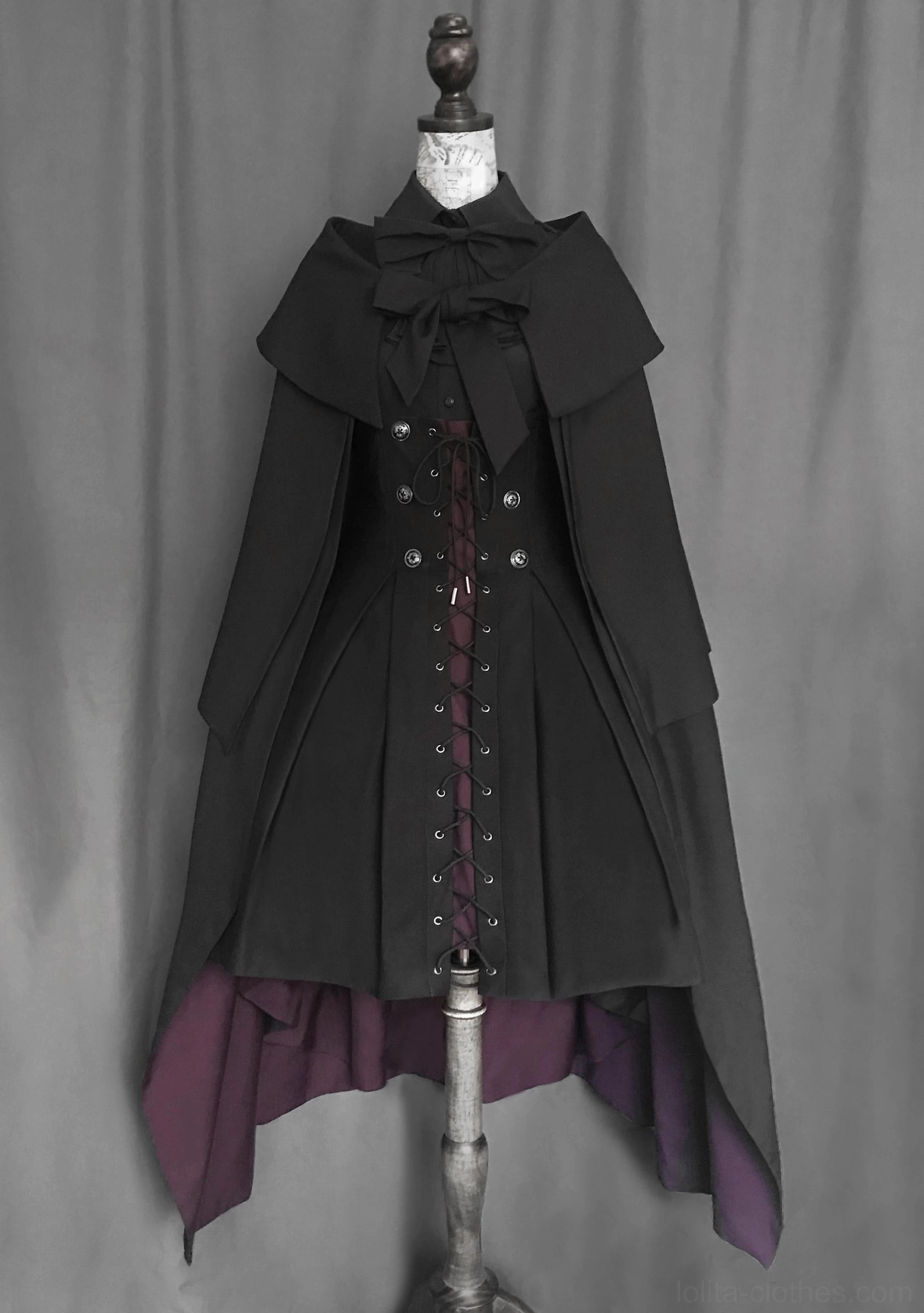 Gothic Lolita cape dress set with detachable cape bow collar front lace-up corset details dark purple lining on dress form