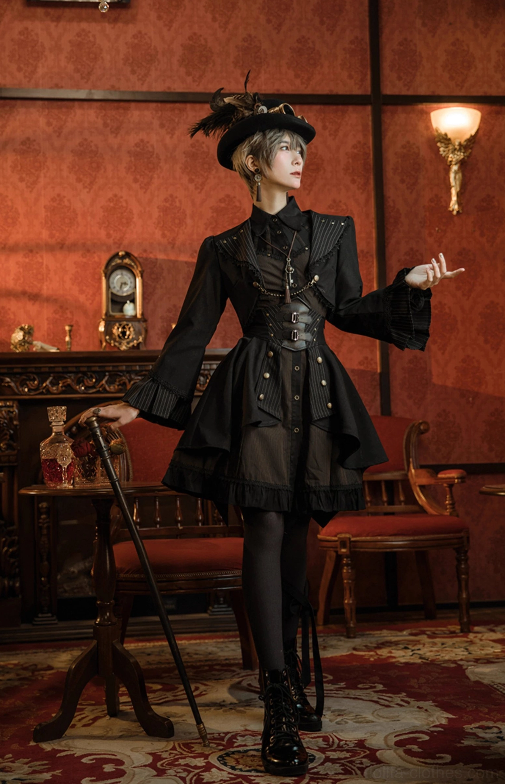 Black cardigan jacket styling with alternative nightlife fashion platform boots dark aesthetic coordination
