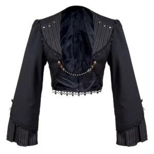 Black Gothic Lolita cardigan jacket back view detail showing striped collar lining metal studs lace trim and chain embellishments