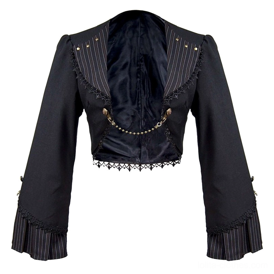 Black Gothic Lolita cardigan jacket back view detail showing striped collar lining metal studs lace trim and chain embellishments