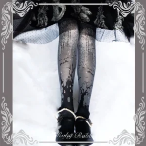 Gothic Lolita castle and spider web print pantyhose grey-black gradient flat lay with black pearl-strap Mary Jane shoes and ruffled Lolita skirt coordination