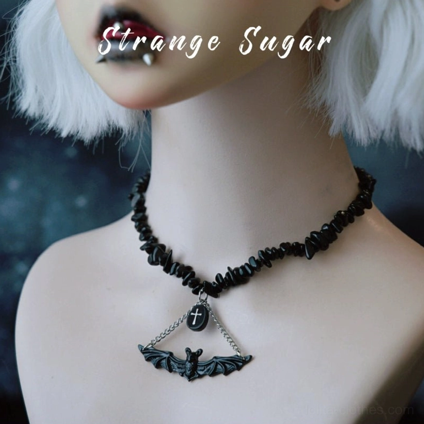 Bat cross 1 pendant gothic lolita choker with black obsidian chain classic goth playfully spooky aesthetic