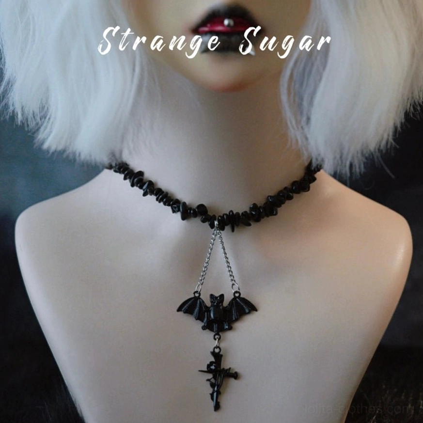 Bat cross 2 pendant obsidian gothic lolita choker interchangeable design night metamorphosis gothic tradition