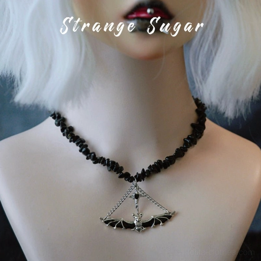 Bat cross 3 pendant gothic lolita choker with black crushed stone chain playfully goth aesthetic design