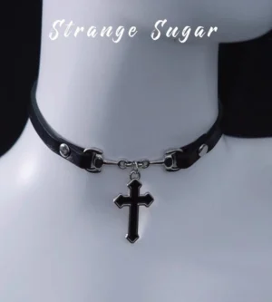 Black faux leather Gothic Lolita choker with black enamel cross pendant and silver metal hardware, front close-up view on white mannequin torso, professional studio photography