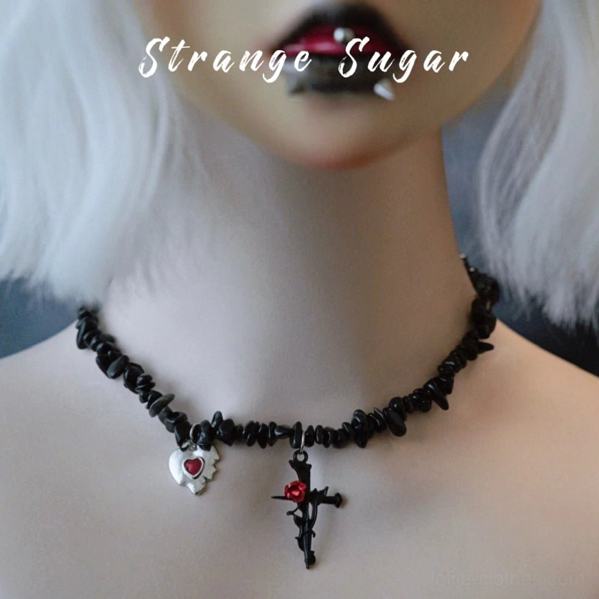 Black and red rose cross pendant gothic lolita choker with obsidian chain vibrant passionate darkness forbidden romance aesthetic