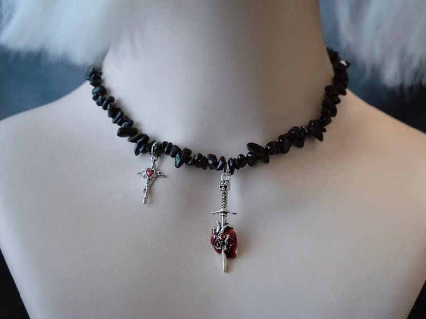 Obsidian gothic lolita choker with black beaded chain and dual pendants small cross and sword-pierced blood-red heart pendant, romantic dark gothic style
