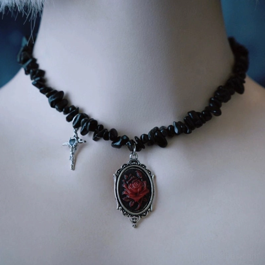 Dark gothic lolita choker necklace with black crushed stone chain and dual pendants tiny cross and cameo rose pendant with dark red enamel finish